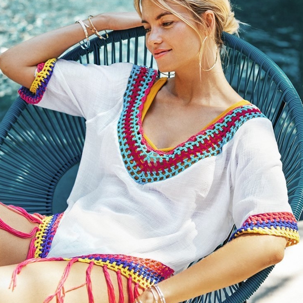 Cupshe White Crochet Tassel Beach Cover Up Tunic Boho Fringe Swim Coverup S/M - Picture 2 of 13